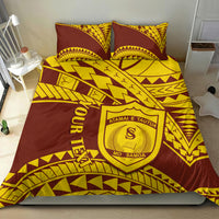 Samoan pattern bedding set, maroon and gold duvet with shield crest, two matching pillowcases