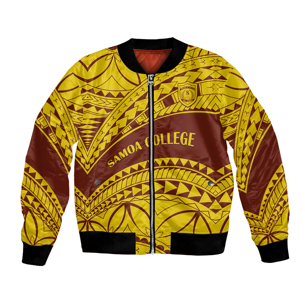 Gold and dark maroon patterned bomber jacket with front zipper and black ribbed trims