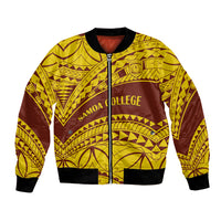 Gold and dark maroon patterned bomber jacket with front zipper and black ribbed trims