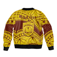 Gold and dark maroon bomber jacket, back crest graphic, black rib trim