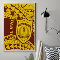 Burgundy and gold patterned canvas wall art with shield crest and curved emblem