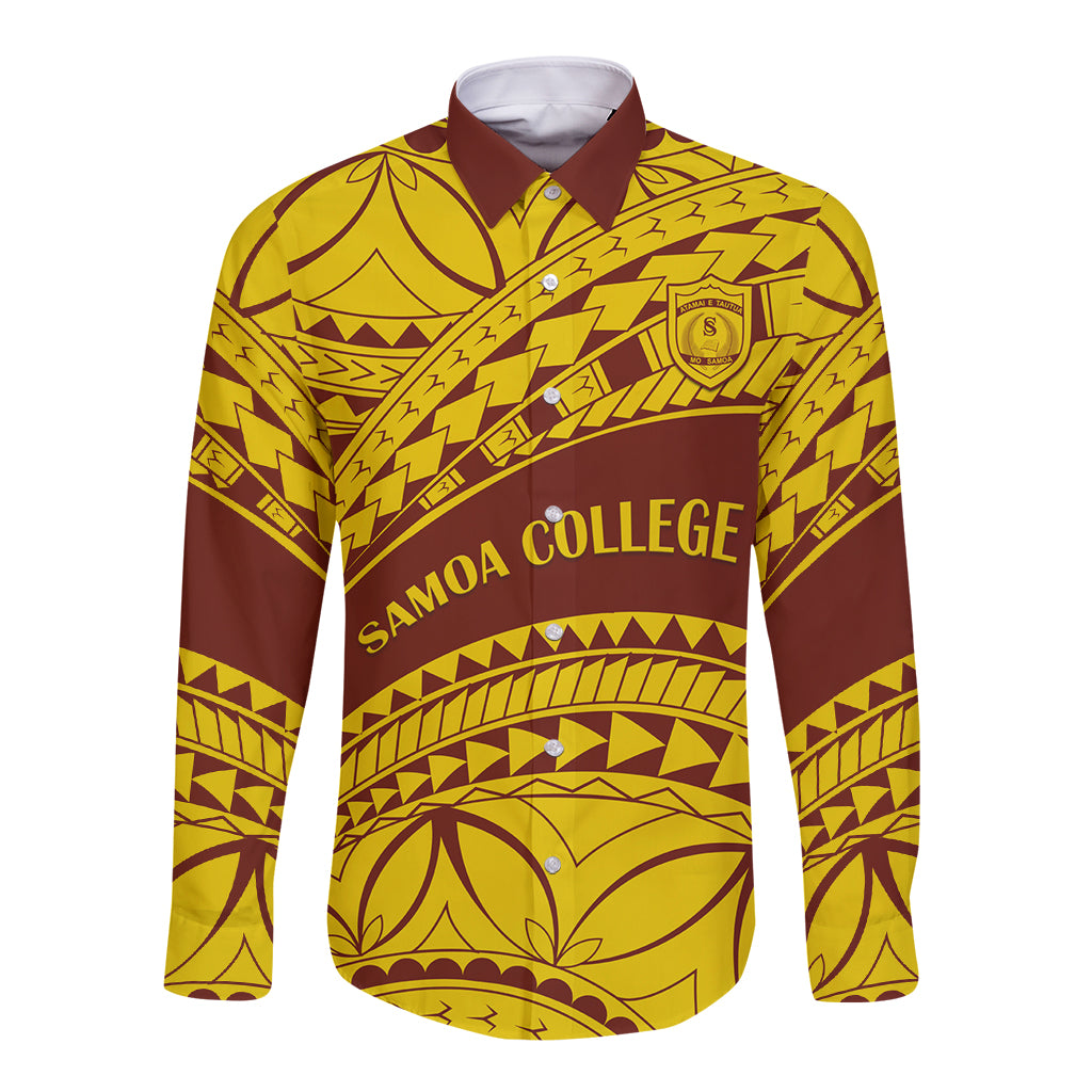 Gold and maroon long-sleeve button shirt, Samoa College crest front pattern