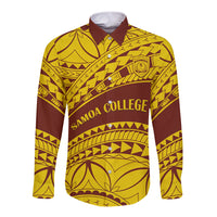 Gold and maroon long-sleeve button shirt, Samoa College crest front pattern