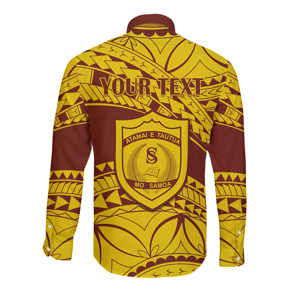 Gold and maroon long-sleeve button shirt, back graphic with crest and YOUR TEXT
