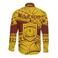 Gold and maroon long-sleeve button shirt, back graphic with crest and YOUR TEXT