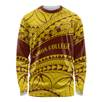 Long-sleeve Samoa College shirt in gold and dark maroon with Samoan pattern, crew neck