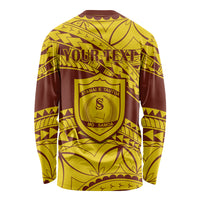 Long-sleeve Samoa College shirt back with emblem and large 'YOUR TEXT' placeholder, gold