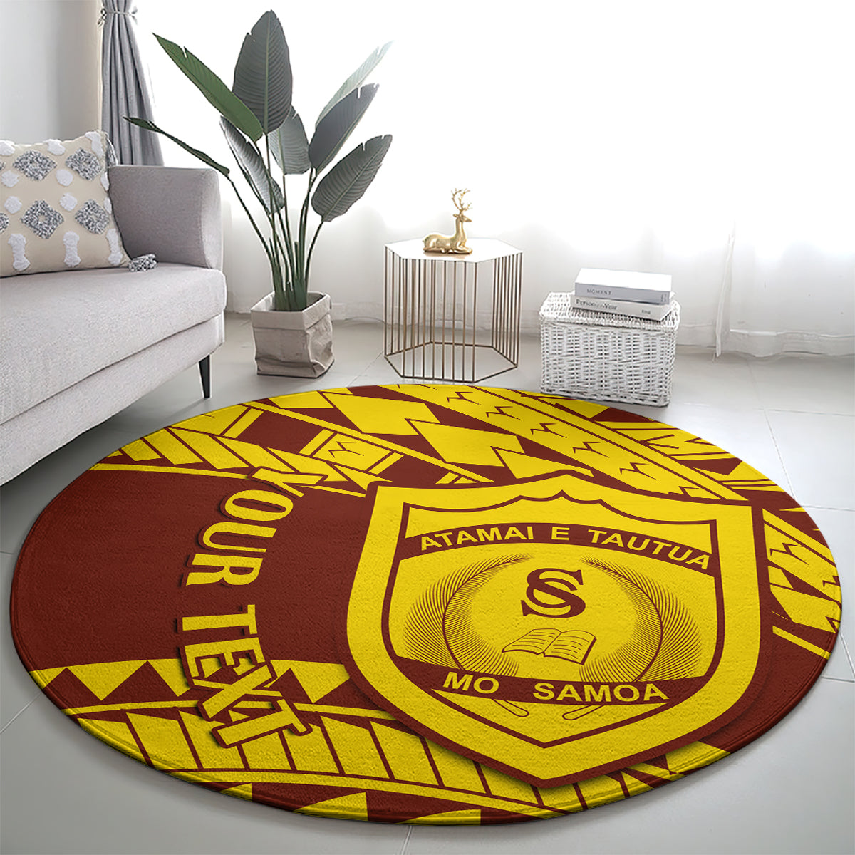 Round maroon-and-yellow Samoan design rug with shield crest in center and MO SAMOA text