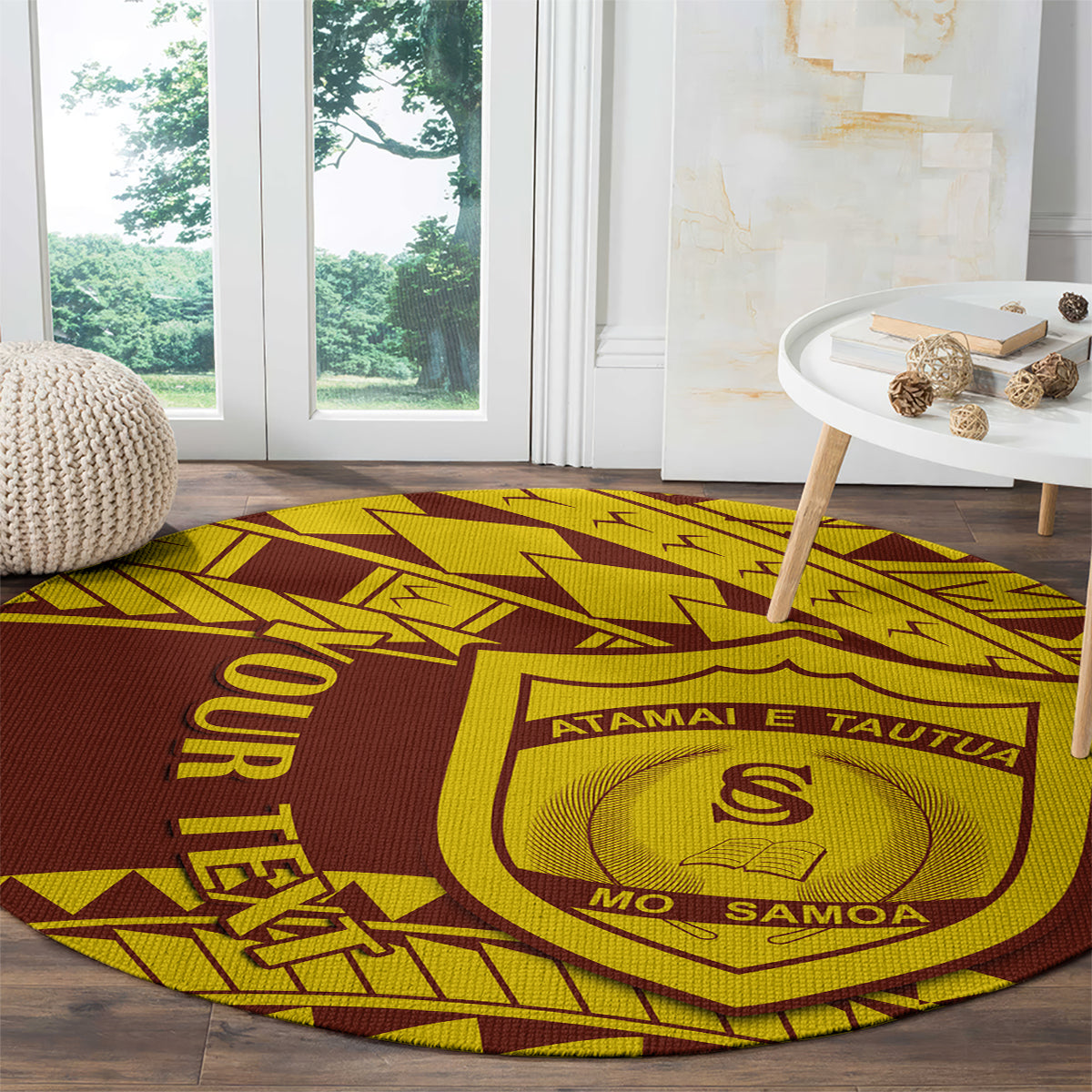 Round maroon-and-yellow Samoan pattern carpet with shield emblem and AMATAI E TAUTUA text