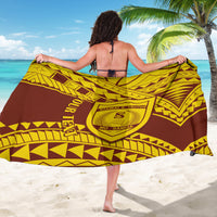 Personalized Samoan pattern sarong, gold and brown, shield crest emblem design