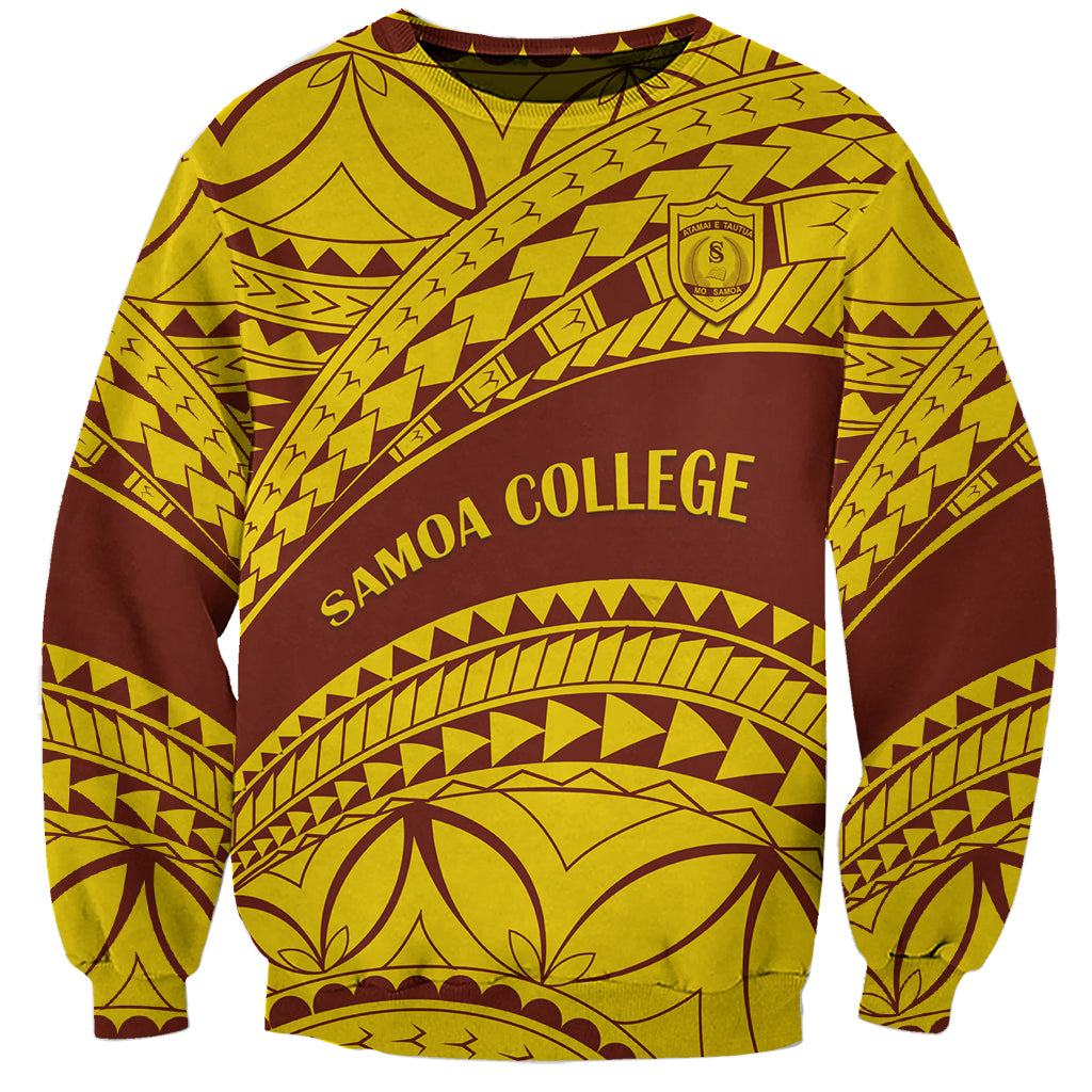 Gold and dark red crewneck sweatshirt with bold Samoan pattern and “Samoa College” text