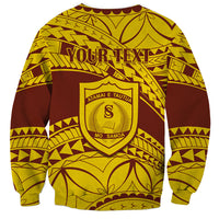 Gold and dark red crewneck sweatshirt with crest badge and “YOUR TEXT” on back