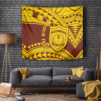 Rectangular wall tapestry with gold and brown Samoan pattern and crest emblem