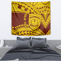 Rectangular wall tapestry with yellow-gold and brown Samoan motifs and shield crest