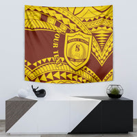 Rectangular Samoan pattern tapestry in gold, yellow, and brown with central crest