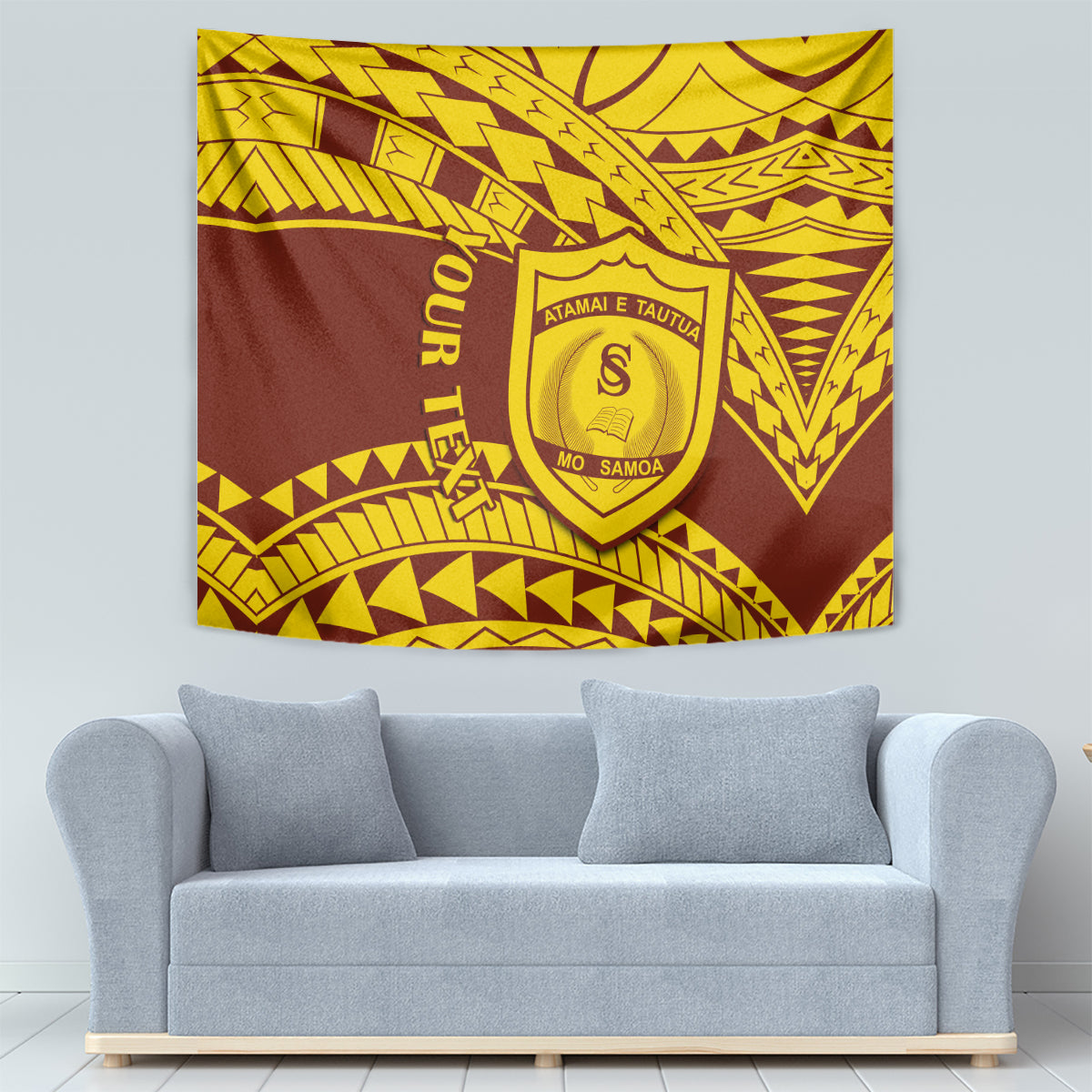 Rectangular wall tapestry featuring gold and brown Samoan geometric design and crest