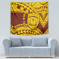 Rectangular wall tapestry featuring gold and brown Samoan geometric design and crest