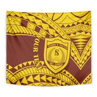 Square wall tapestry with gold and brown Samoan pattern and central crest emblem