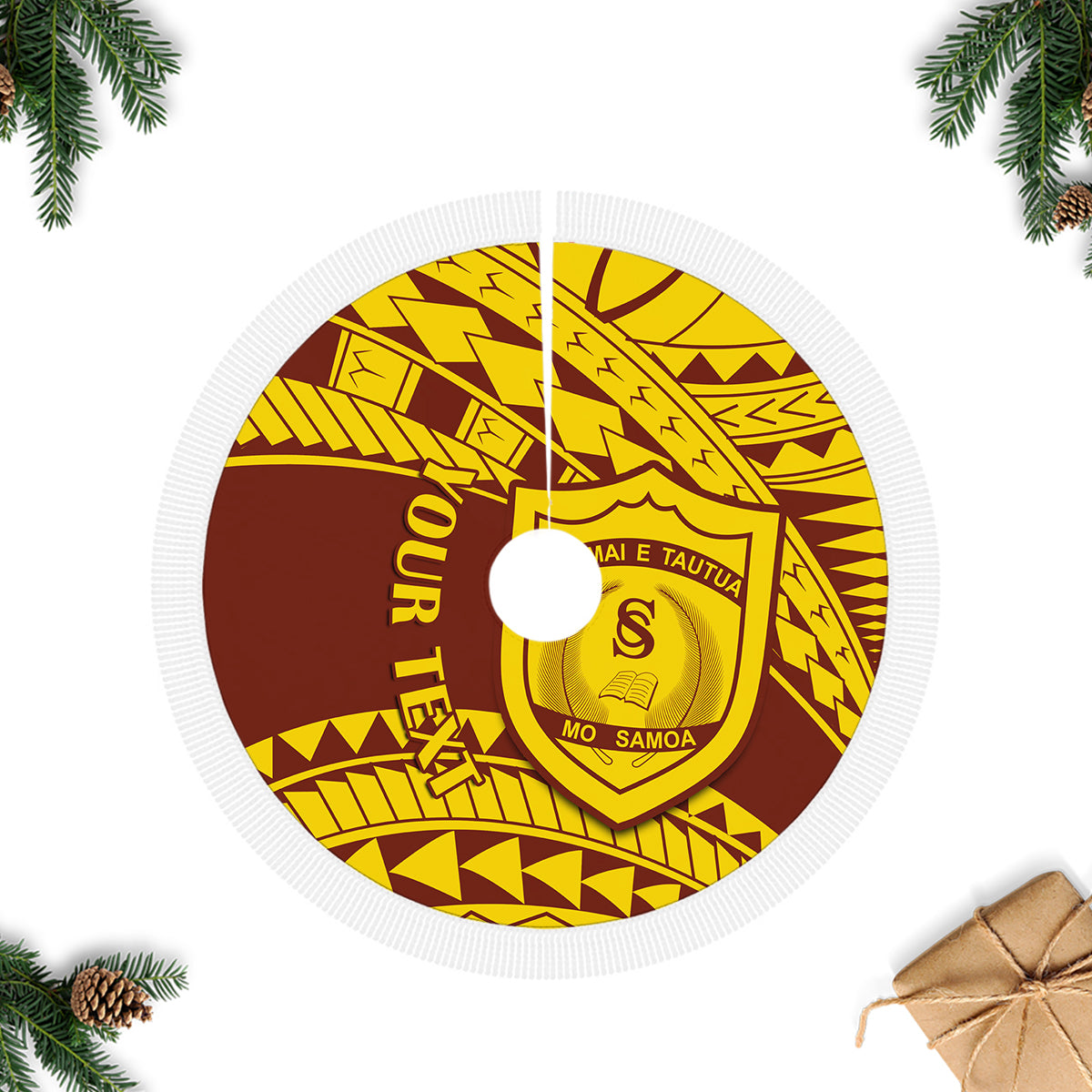 Personalised Samoa tree skirt: circular gold and dark maroon print with white border