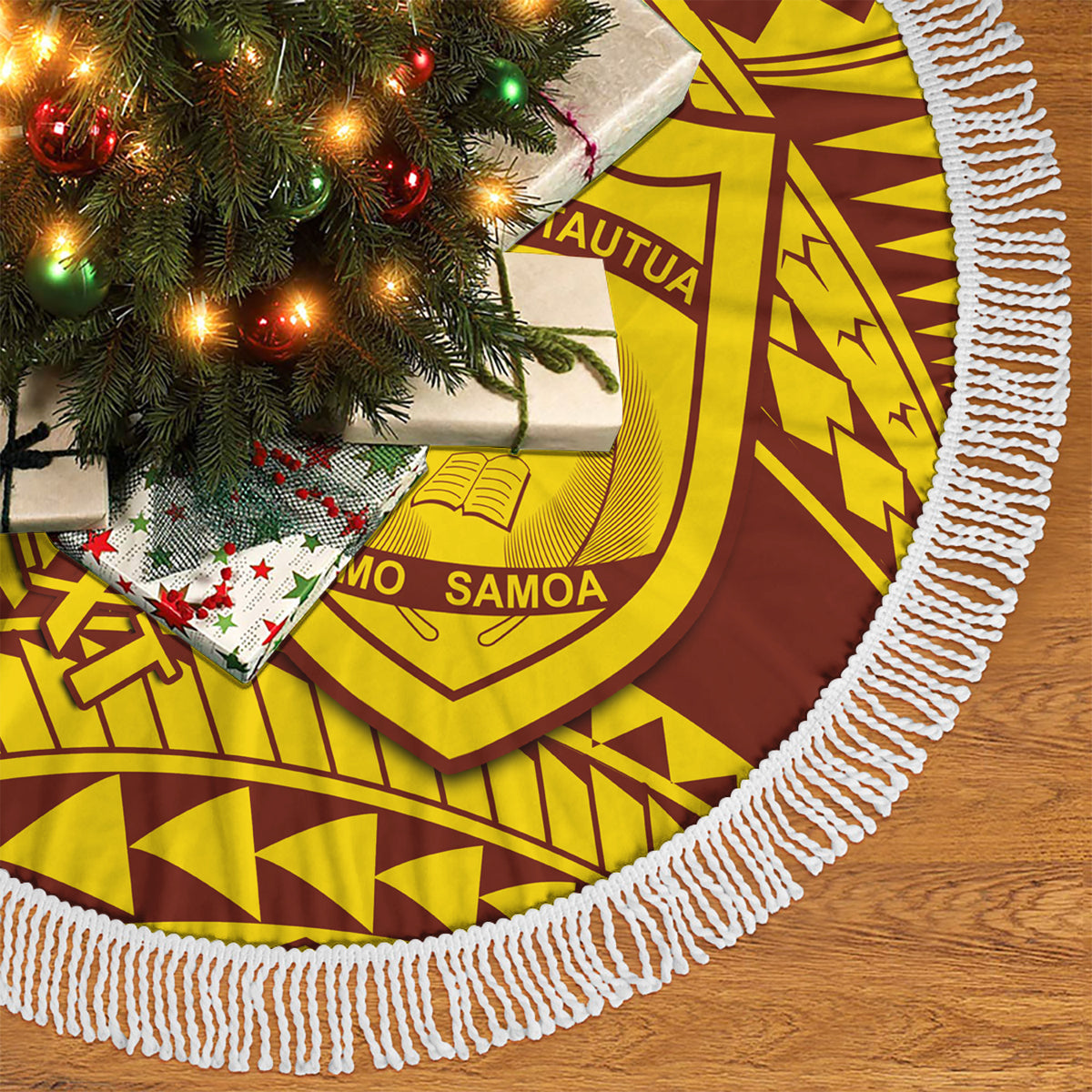 Personalised Samoa tree skirt with white braided fringe, gold and dark maroon printed pattern