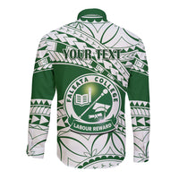 Back view of green and white long-sleeve button shirt with Samoan pattern and college logo