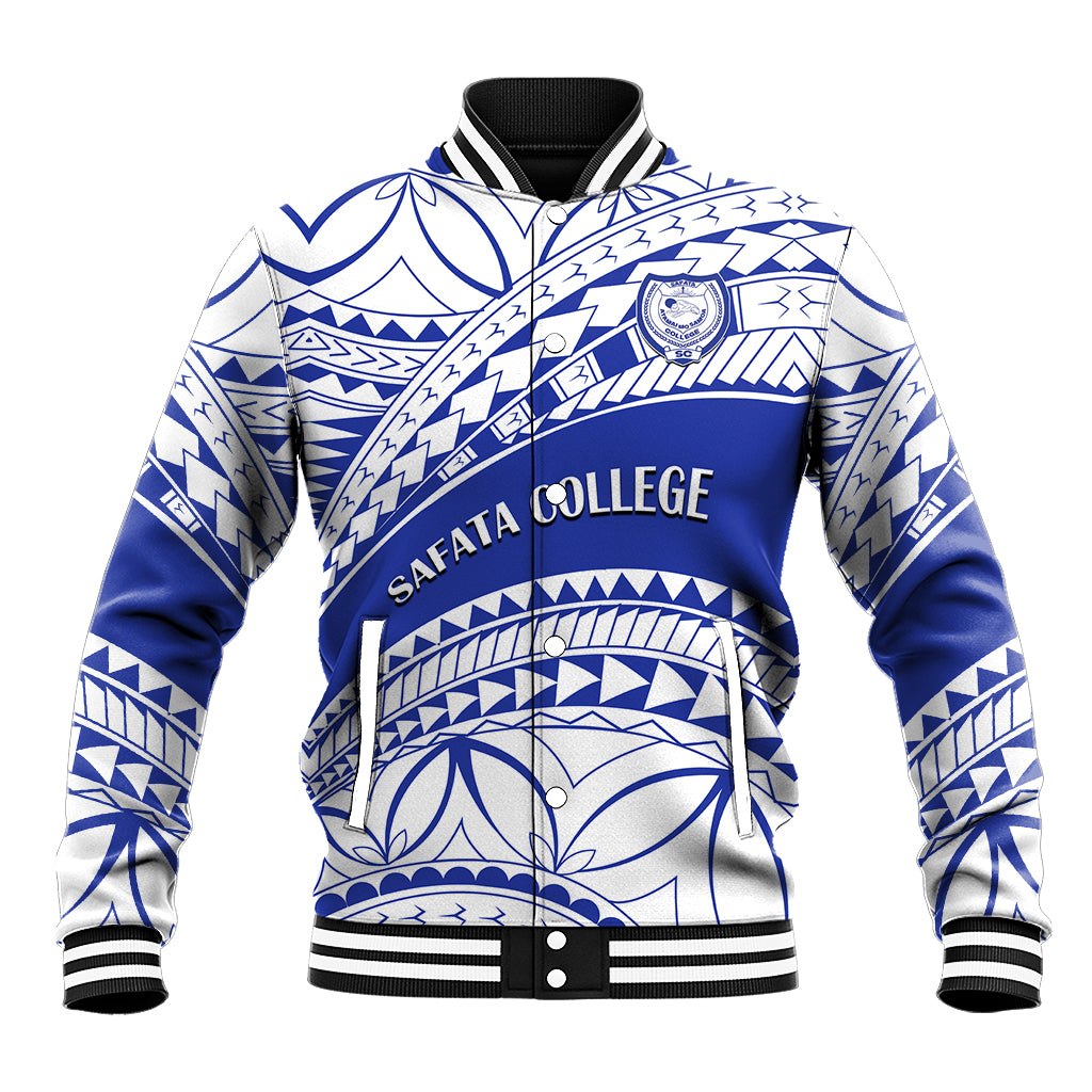 Blue and white patterned baseball jacket, ribbed striped collar/cuffs, SAFATA COLLEGE