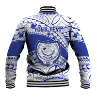 Blue and white patterned baseball jacket back with crest and 'YOUR TEXT', ribbed striped hem/cuffs