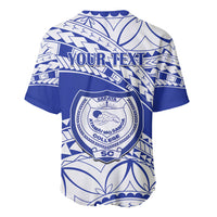 Blue baseball jersey with tribal print, circular crest, and 'YOUR TEXT'