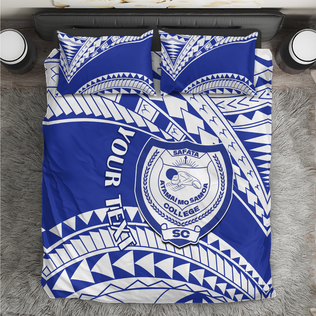 Blue and white geometric patterned bedding set with SAFATA College crest