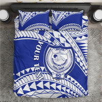 Blue and white geometric patterned bedding set with SAFATA College crest