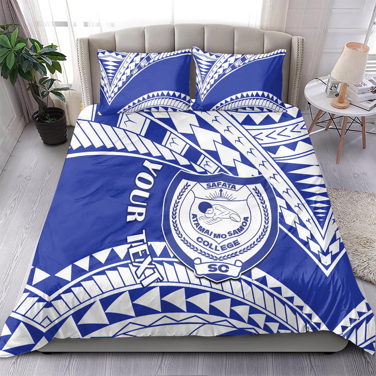 Blue and white bedding set with matching pillow featuring SAFATA College crest