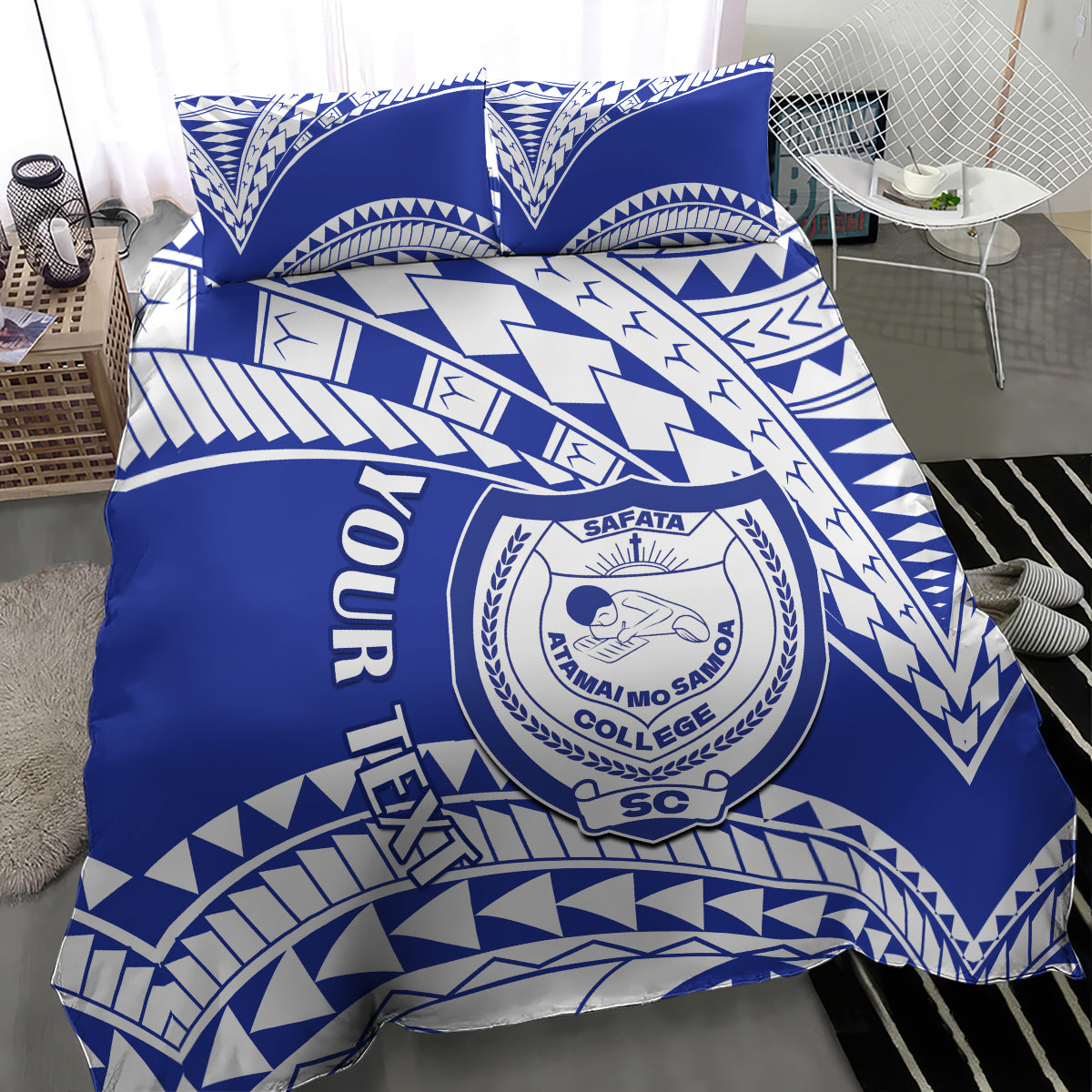 Blue bedding set with SAFATA College logo and tribal geometric motifs
