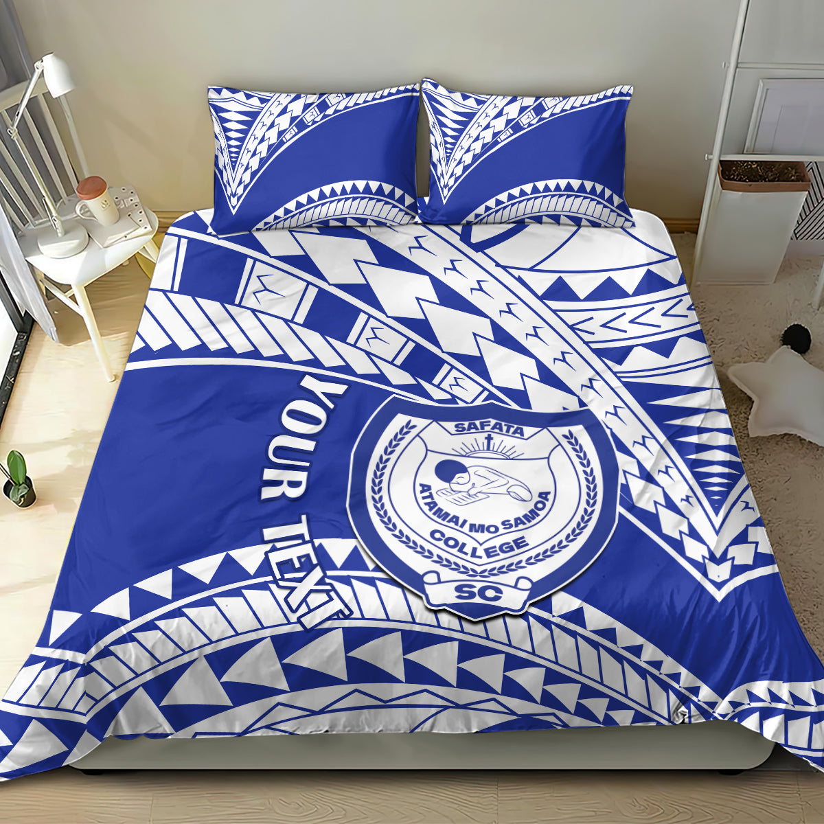 Blue and white bedding set with SAFATA College crest and zigzag geometric pattern