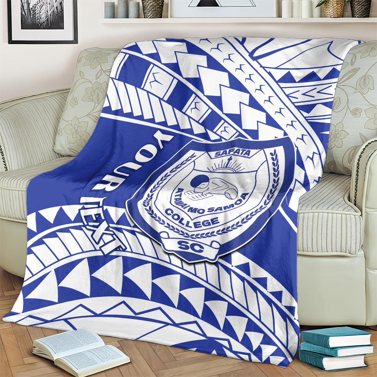 Blue and white Samoan-style patterned college blanket with large circular crest