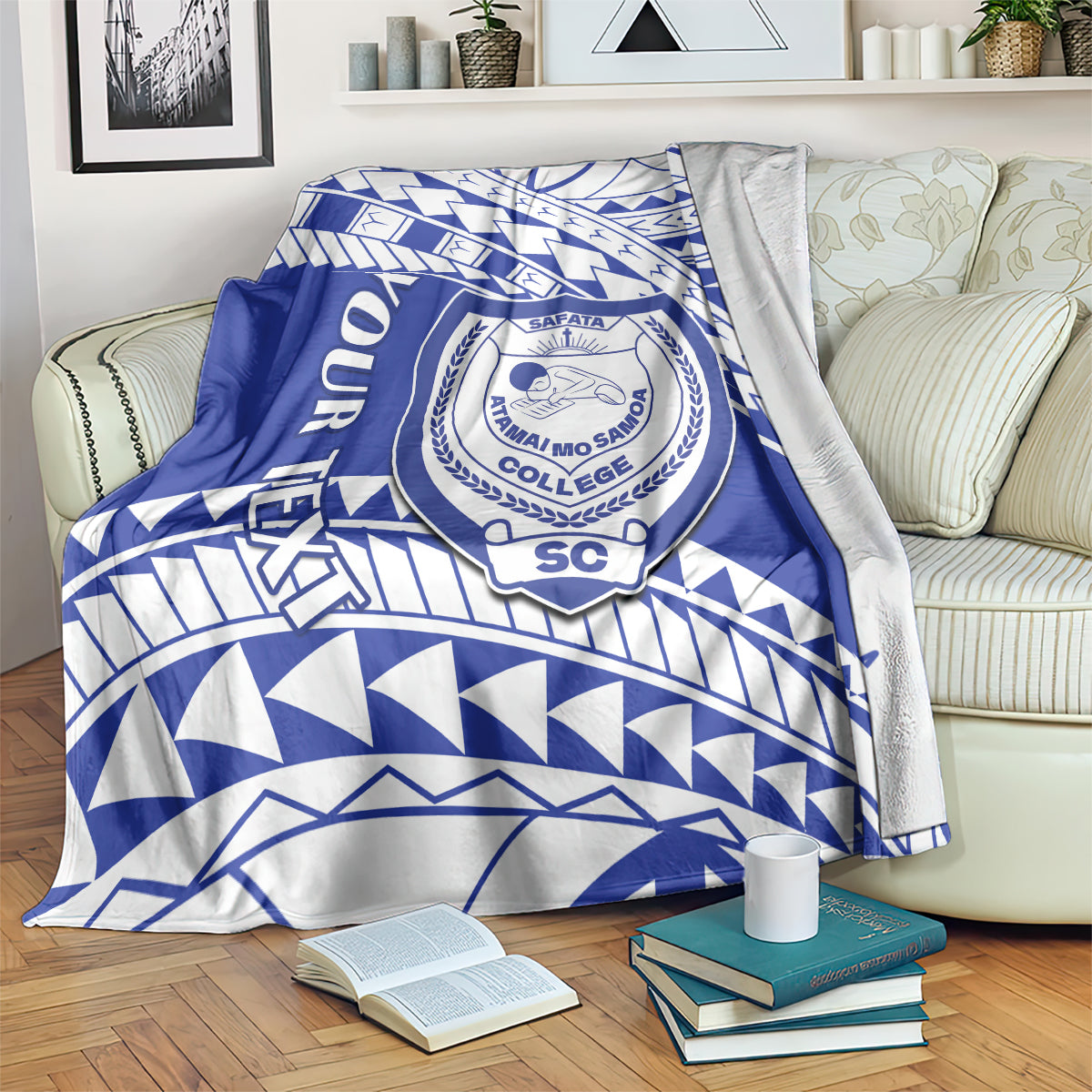 Blue and white geometric college blanket with centered circular crest emblem