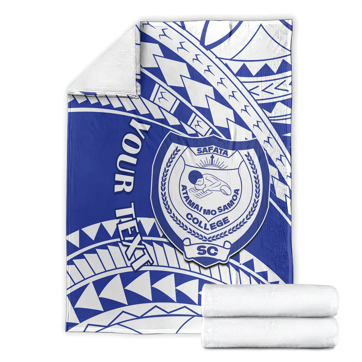 Folded blue and white college blanket set with circular crest and geometric pattern
