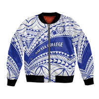 Personalized blue bomber jacket with white tribal pattern, front zip and ribbed hem