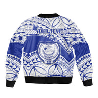 Personalized blue bomber jacket with white tribal back print, ribbed cuffs and hem