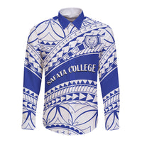 Blue long-sleeve button shirt with Samoan geometric print and spread collar