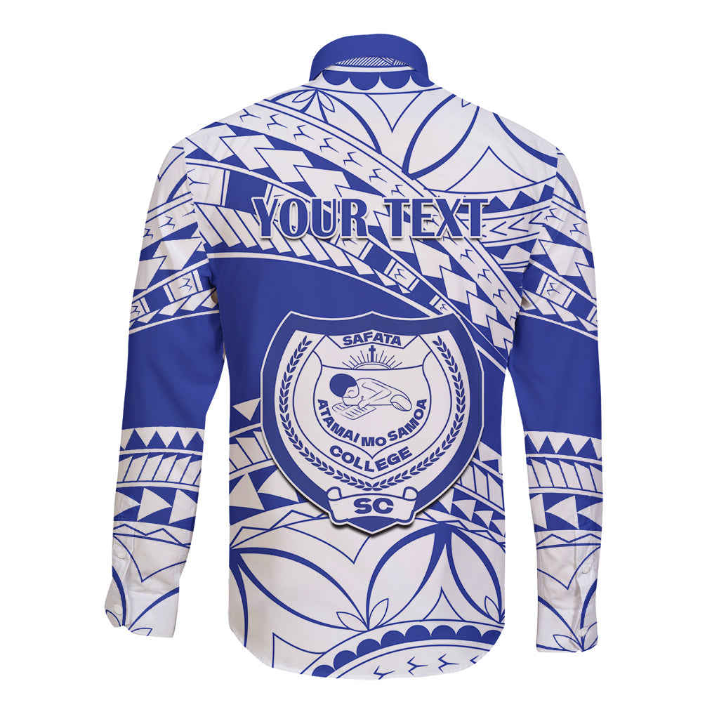 Blue long-sleeve button shirt with back crest and tribal pattern