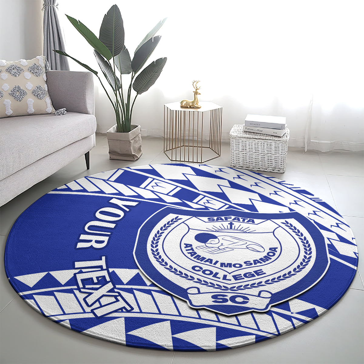Blue and white round carpet featuring circular college crest and bold text design