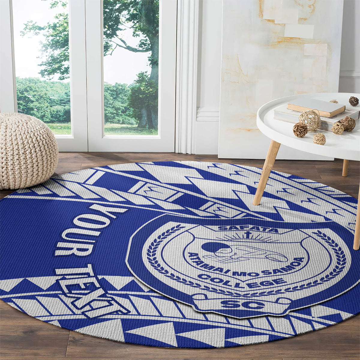 Blue patterned round carpet with central circular crest and HONOR THE text