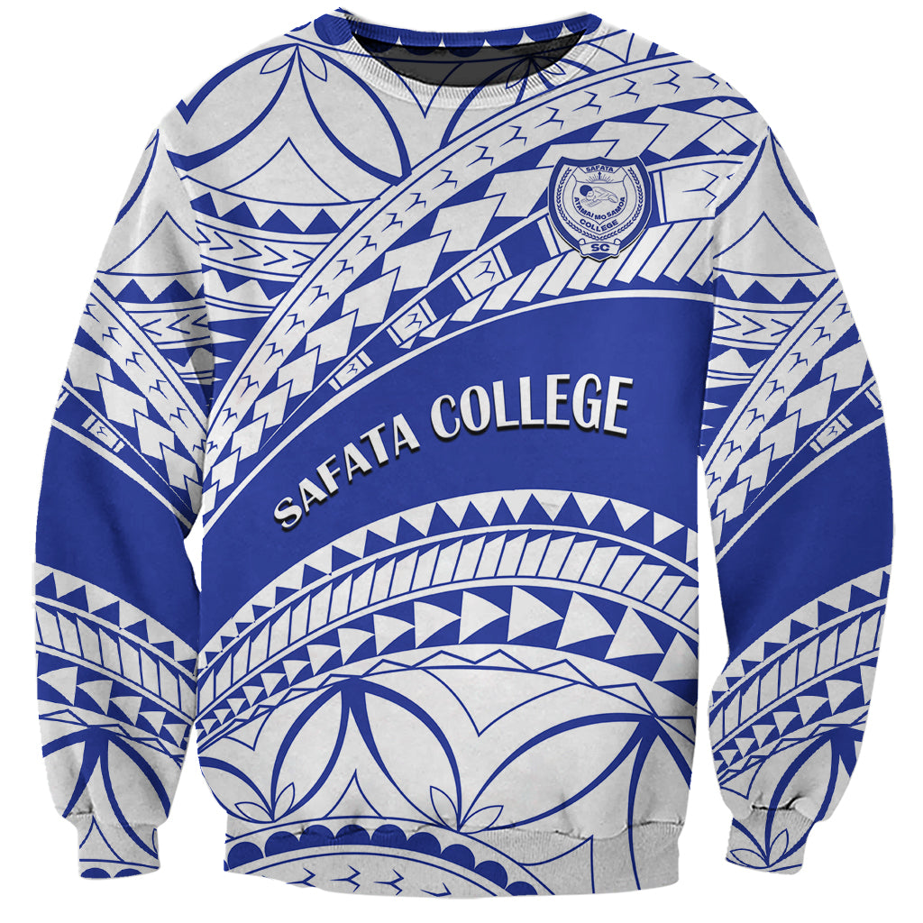 Blue/white Samoan pattern sweatshirt with SAFATA COLLEGE front print