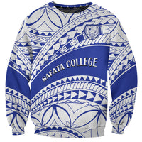 Blue/white Samoan pattern sweatshirt with SAFATA COLLEGE front print