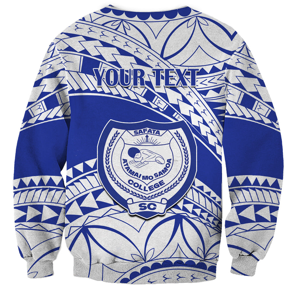 Blue/white Samoan pattern sweatshirt with circular crest and YOUR TEXT back print