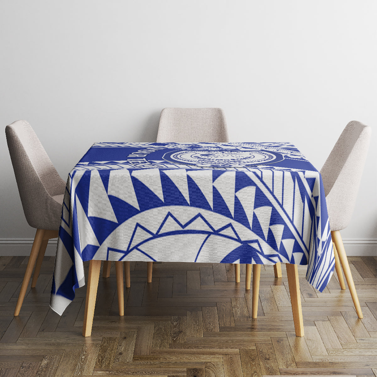 Square blue and white Samoan pattern tablecloth with draped corners