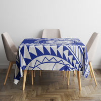 Square blue and white Samoan pattern tablecloth with draped corners