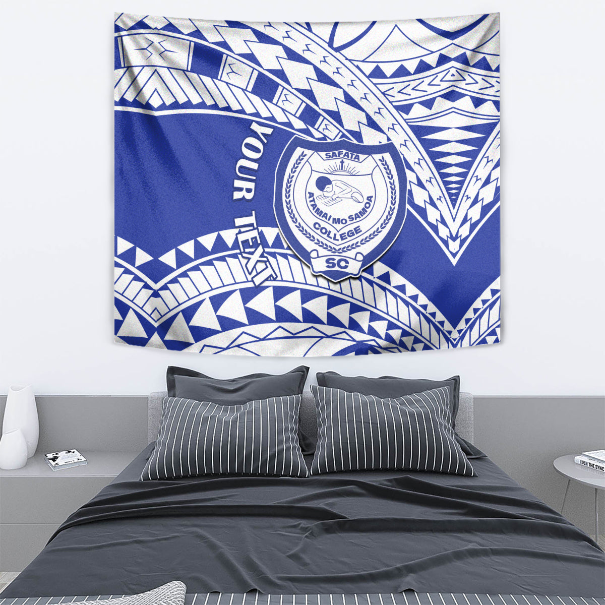 Blue college tapestry featuring a round crest and bold white geometric Samoan-style designs