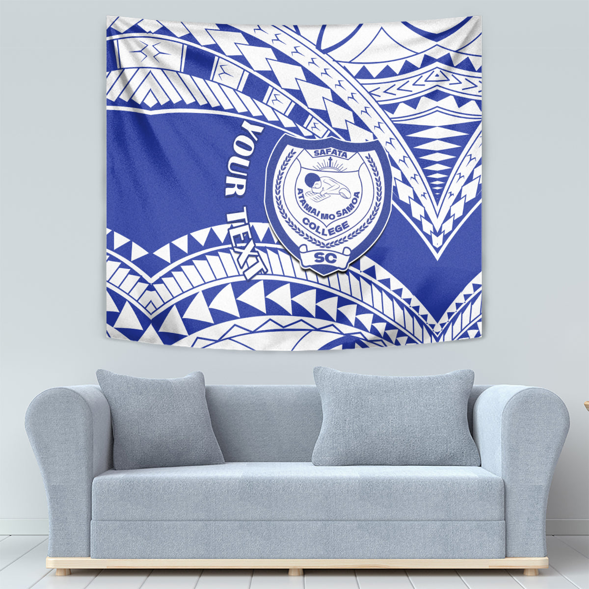 Blue college tapestry with white tribal-style lines, arches, and a centered circular crest