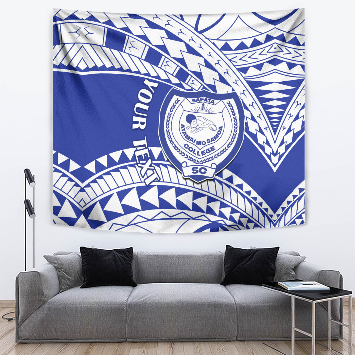 Blue and white patterned college tapestry with a circular SAFATA crest and geometric motifs